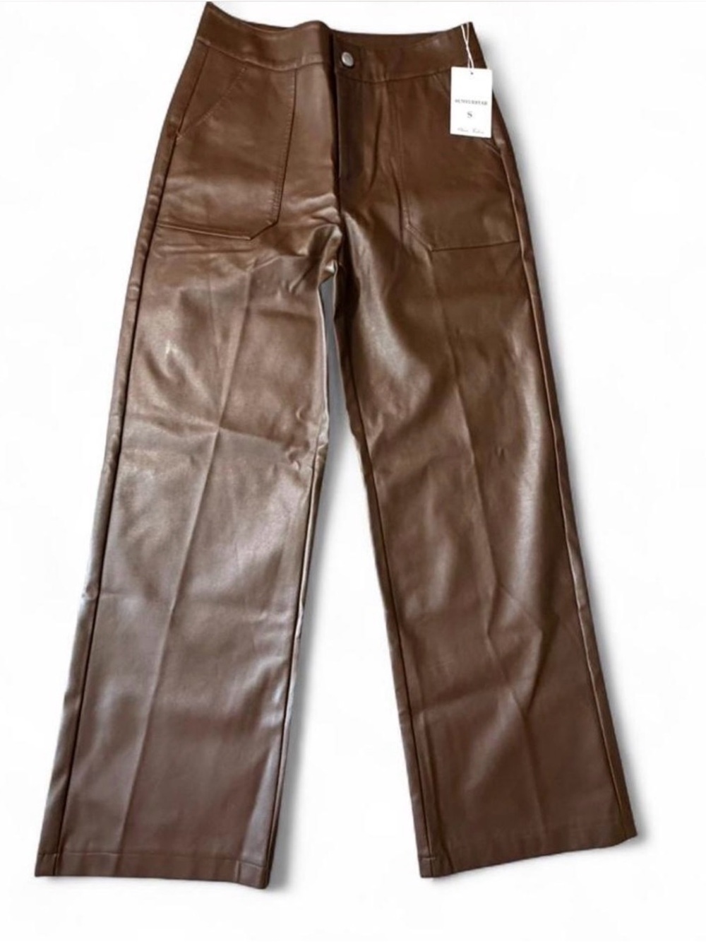 Brown Faux Leather Pants NWT Size Small Soft-Lined Wide Leg Western Quiet Luxury